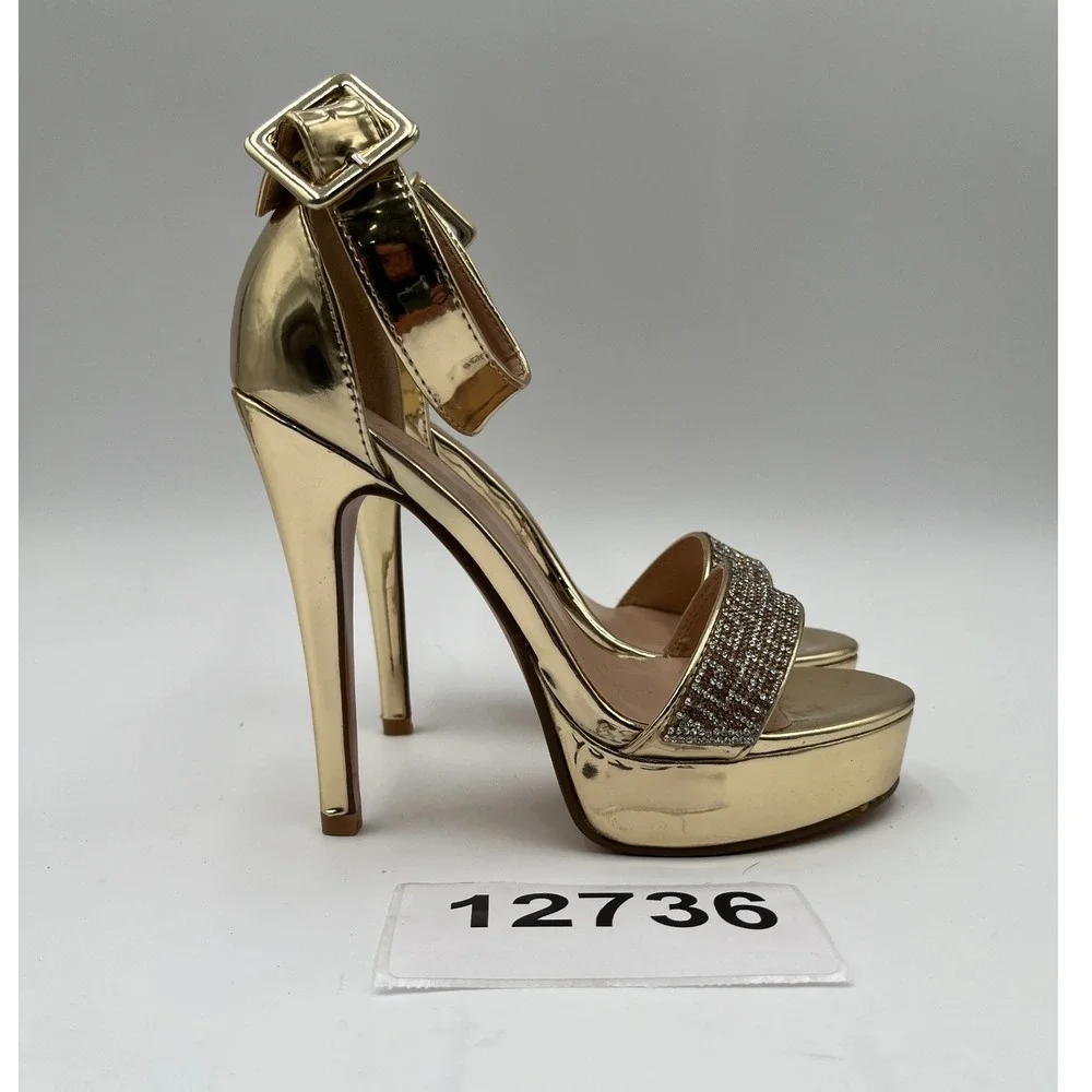 Delicacy Stiletto Heels Platform Sandals Womens 7.5 Gold Rhinestone Ankle Strap